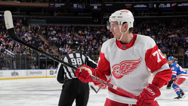 NEW YORK, NY - FEBRUARY 17: Troy Stecher #70 of the Detroit Red Wings skates against the New York Rangers at Madison Square Garden on February 17, 2022 in New York City.