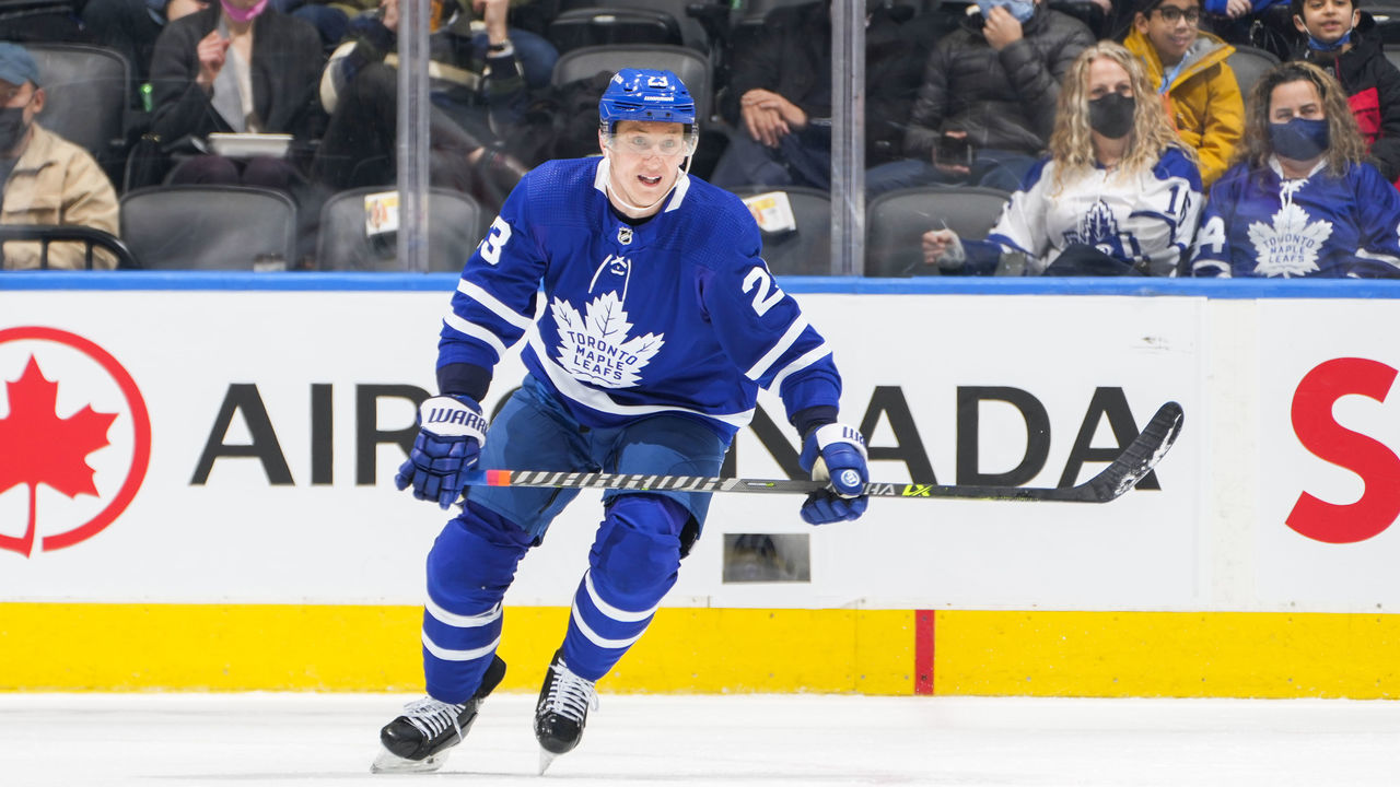 TORONTO, ON - FEBRUARY 24: Travis Dermott #23 of the Toronto Maple Leafs skates against the Minnesota Wild during the first period at the Scotiabank Arena on February 24, 2022 in Toronto, Ontario, Canada.