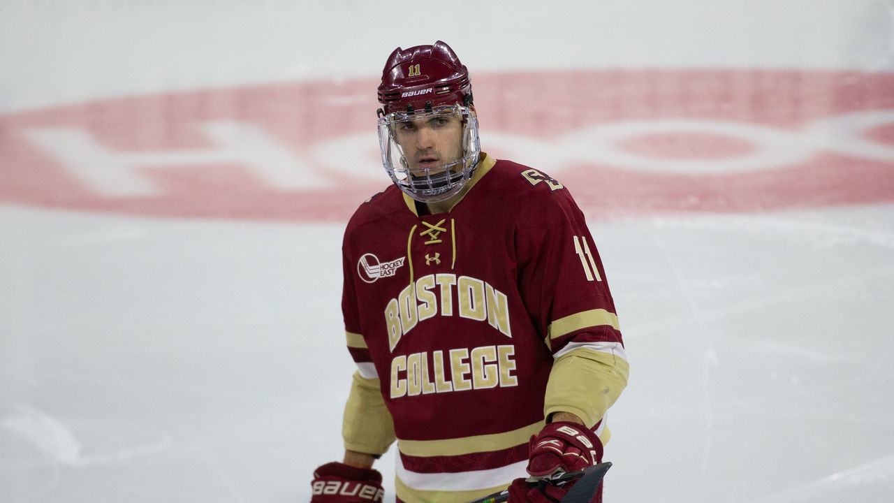 LOWELL, MA - FEBRUARY 13: Jack McBain #11 of the Boston College Eagles skates against the Massachusetts Lowell River Hawks during NCAA men's hockey at the Tsongas Center on February 13, 2021 in Lowell, Massachusetts. The Eagles won 4-3.
