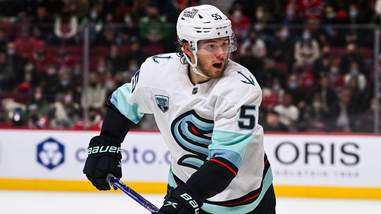 MONTREAL, QC - MARCH 12: Look on Seattle Kraken defenceman Jeremy Lauzon (55) during the Seattle Kraken versus the Montreal Canadiens game on March 12, 2022 at Centre Bell in Montreal, QC