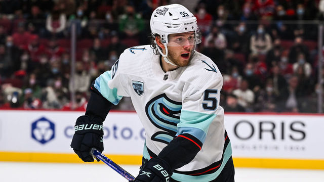 MONTREAL, QC - MARCH 12: Look on Seattle Kraken defenceman Jeremy Lauzon (55) during the Seattle Kraken versus the Montreal Canadiens game on March 12, 2022 at Centre Bell in Montreal, QC
