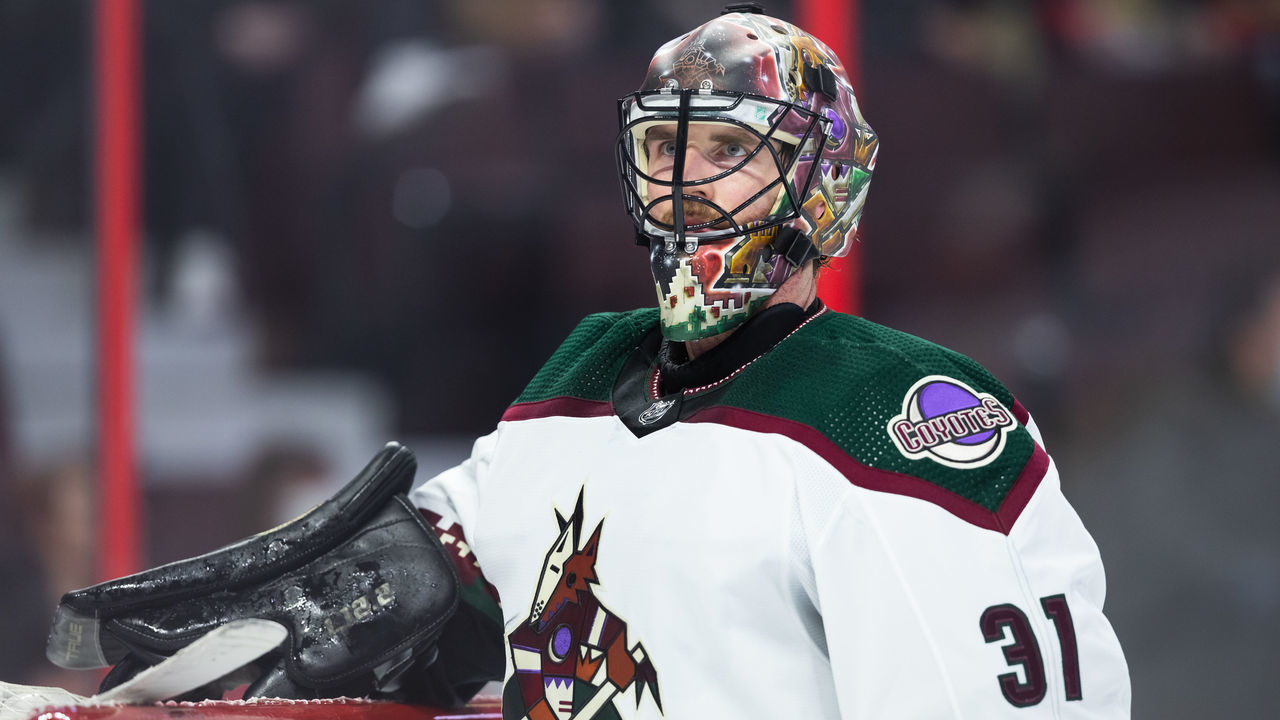 OTTAWA, ON - MARCH 14: Arizona Coyotes Goalie Scott Wedgewood (31) waits for play to resume during second period National Hockey League action between the Arizona Coyotes and Ottawa Senators on March 14, 2022, at Canadian Tire Centre in Ottawa, ON, Canada.
