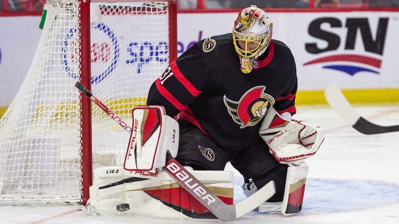 OTTAWA, ON - MARCH 16: Ottawa Senators Goalie Anton Forsberg (31) makes a pads save during the first period of the NHL game between the Ottawa Senators and the Columbus Blue Jackets on March 16, 2022 at the Canadian Tire Centre in Ottawa, Ontario, Canada.