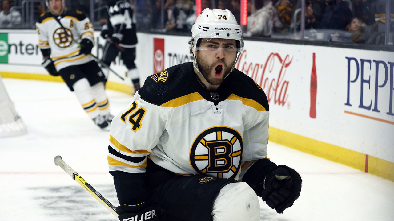 LOS ANGELES, CALIFORNIA - FEBRUARY 28: Jake DeBrusk #74 of the Boston Bruins celebrates after scoring a goal against the Los Angeles Kings in the first period at Crypto.com Arena on February 28, 2022 in Los Angeles, California.