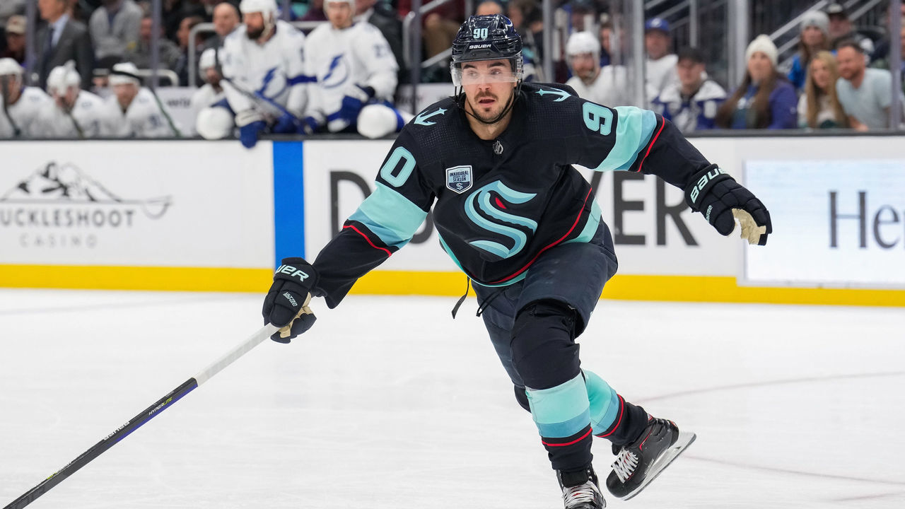 SEATTLE, WASHINGTON - MARCH 16: Marcus Johansson #90 of the Seattle Kraken skates against the Tampa Bay Lightning at Climate Pledge Arena on March 16, 2022 in Seattle, Washington.