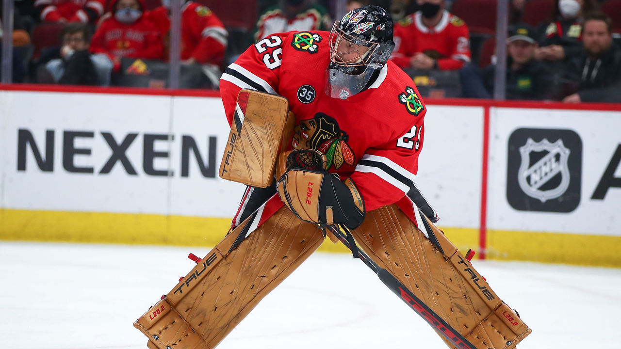 CHICAGO, IL - JANUARY 21: Chicago Blackhawks Goalie Marc-Andre Fleury (29) in action during a game between the Minnesota Wild and the Chicago Blackhawks on January 21, 2022 at the United Center in Chicago, IL.