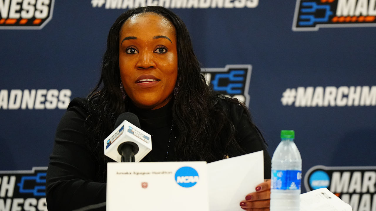 BATON ROUGE, LA - MARCH 17: Missouri State Lady Bears head coach Amaka Agugua-Hamilton speaks in a press conference after the game between the Florida State Seminoles and the Missouri State Lady Bears during the First Four round of the 2022 NCAA Women's Basketball Tournament held at the Pete Maravich Assembly Center on March 17, 2022 in Baton Rouge, Louisiana.