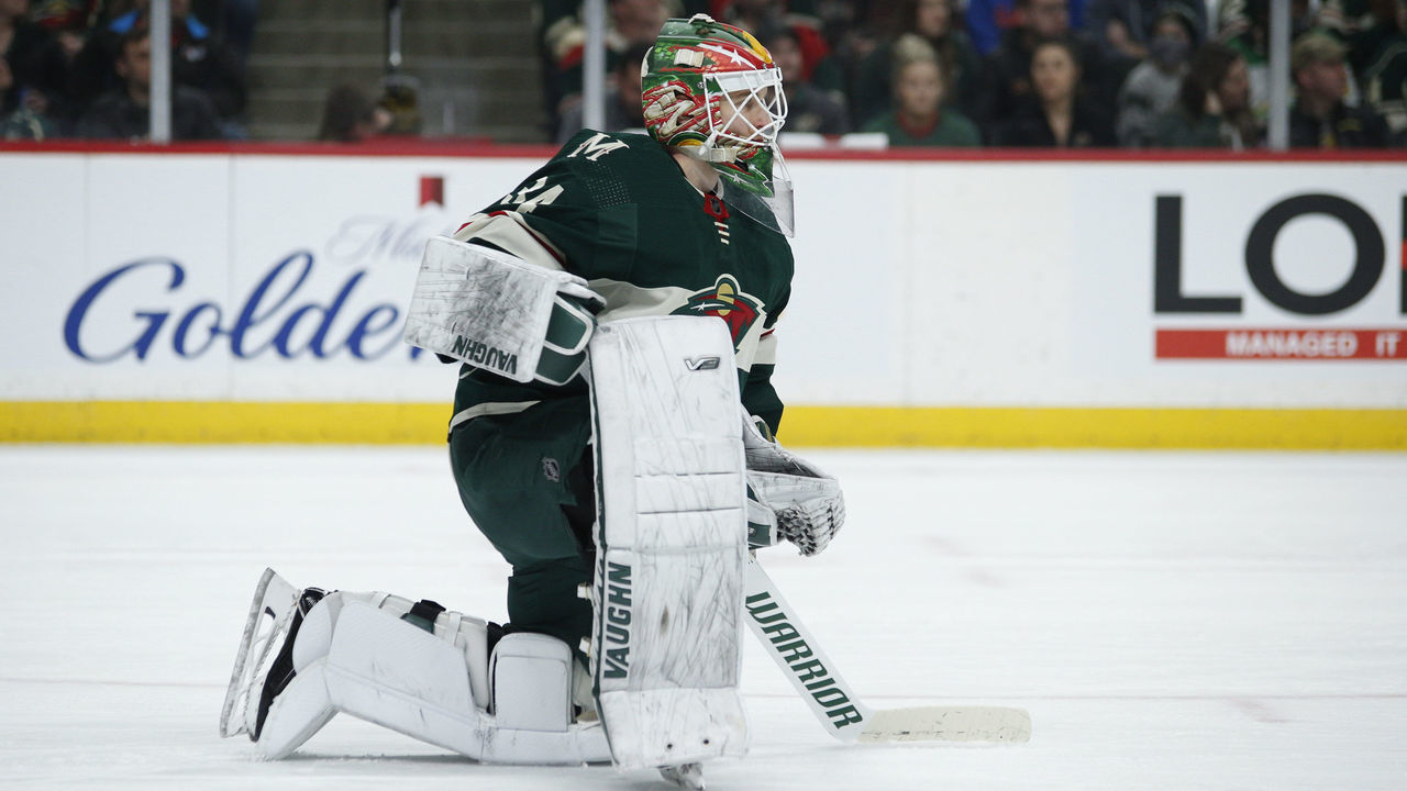 ST. PAUL, MN - MARCH 13: Minnesota Wild Goalie Kaapo Kahkonen (34) takes a knee during tv timeout during the NHL game between the Nashville Predators and Minnesota Wild, March 13th, 2022, at Xcel Energy Center in St. Paul, MN.