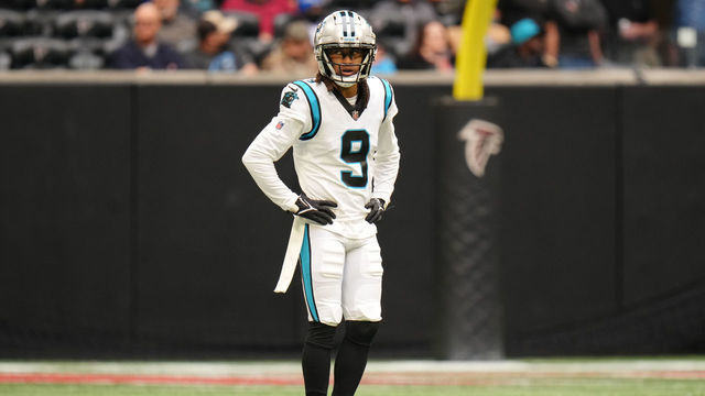 ATLANTA, GEORGIA - OCTOBER 31: Stephon Gilmore #9 of the Carolina Panthers looks on during the game against the Atlanta Falcons at Mercedes-Benz Stadium on October 31, 2021 in Atlanta, Georgia.