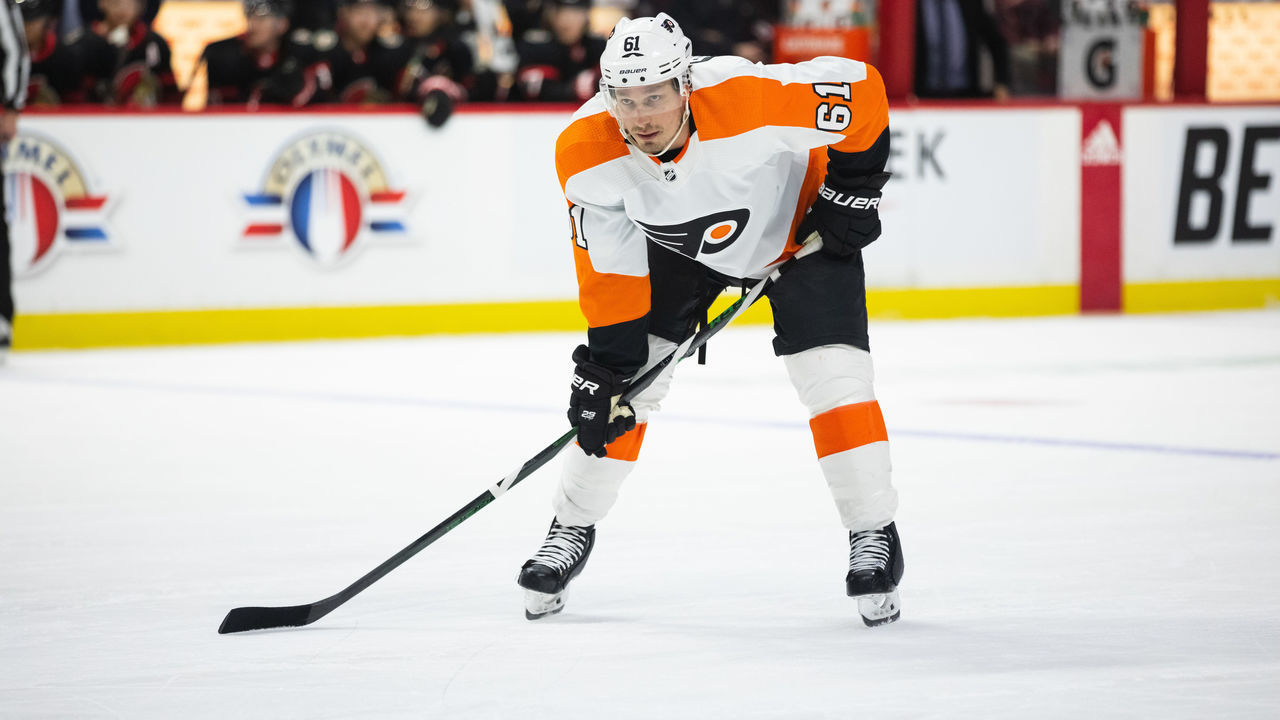 OTTAWA, ON - MARCH 18: Philadelphia Flyers Defenceman Justin Braun (61) prepares for a face-off during first period National Hockey League action between the Philadelphia Flyers and Ottawa Senators on March 18, 2022, at Canadian Tire Centre in Ottawa, ON, Canada.