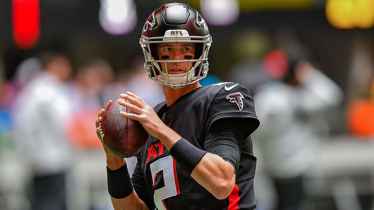 ATLANTA, GA OCTOBER 31: Atlanta quarterback Matt Ryan (2) warms up prior to the start of the NFL game between the Carolina Panthers and the Atlanta Falcons on October 31st, 2021 at Mercedes-Benz Stadium in Atlanta, GA.
