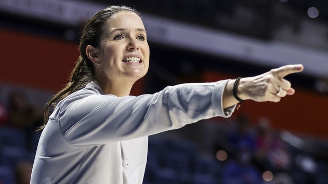 GAINESVILLE, FLORIDA - DECEMBER 08: head coach Shauna Green of the Dayton Flyers gestures during the first half of a game against the Florida Gators at the Stephen C. O'Connell Center on December 08, 2021 in Gainesville, Florida.
