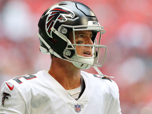 ATLANTA, GEORGIA - SEPTEMBER 12: Matt Ryan #2 of the Atlanta Falcons looks on during the second half against the Philadelphia Eagles at Mercedes-Benz Stadium on September 12, 2021 in Atlanta, Georgia.
