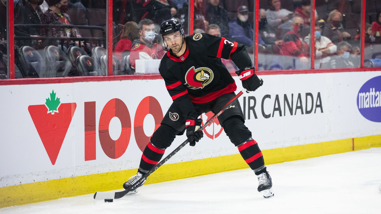OTTAWA, ON - MARCH 10: Ottawa Senators Defenceman Josh Brown (3) skates with the puck along the boards during first period National Hockey League action between the Seattle Kraken and Ottawa Senators on March 10, 2022, at Canadian Tire Centre in Ottawa, ON, Canada.