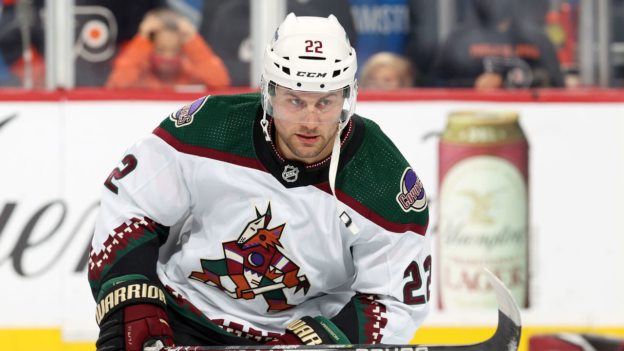 PHILADELPHIA, PA - NOVEMBER 02: Johan Larsson #22 of the Arizona Coyotes skates during warm-ups prior to the start of his game against the Philadelphia Flyers at the Wells Fargo Center on November 2, 2021 in Philadelphia, Pennsylvania.