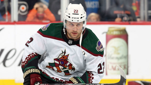PHILADELPHIA, PA - NOVEMBER 02: Johan Larsson #22 of the Arizona Coyotes skates during warm-ups prior to the start of his game against the Philadelphia Flyers at the Wells Fargo Center on November 2, 2021 in Philadelphia, Pennsylvania.
