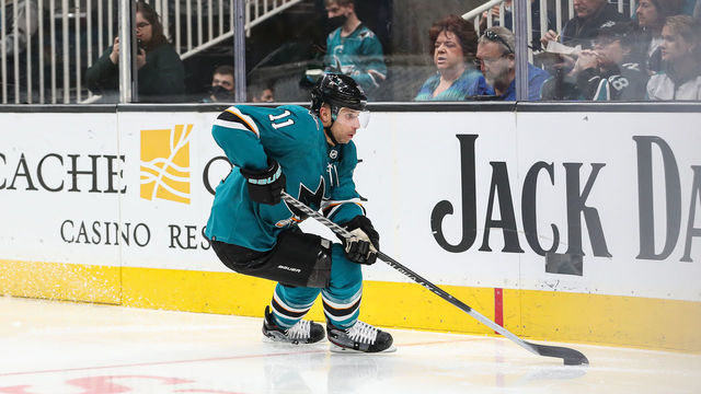 SAN JOSE, CA - MARCH 20: Andrew Cogliano #11 of the San Jose Sharks skates with puck against the Arizona Coyotes at SAP Center on March 20, 2022 in San Jose, California.