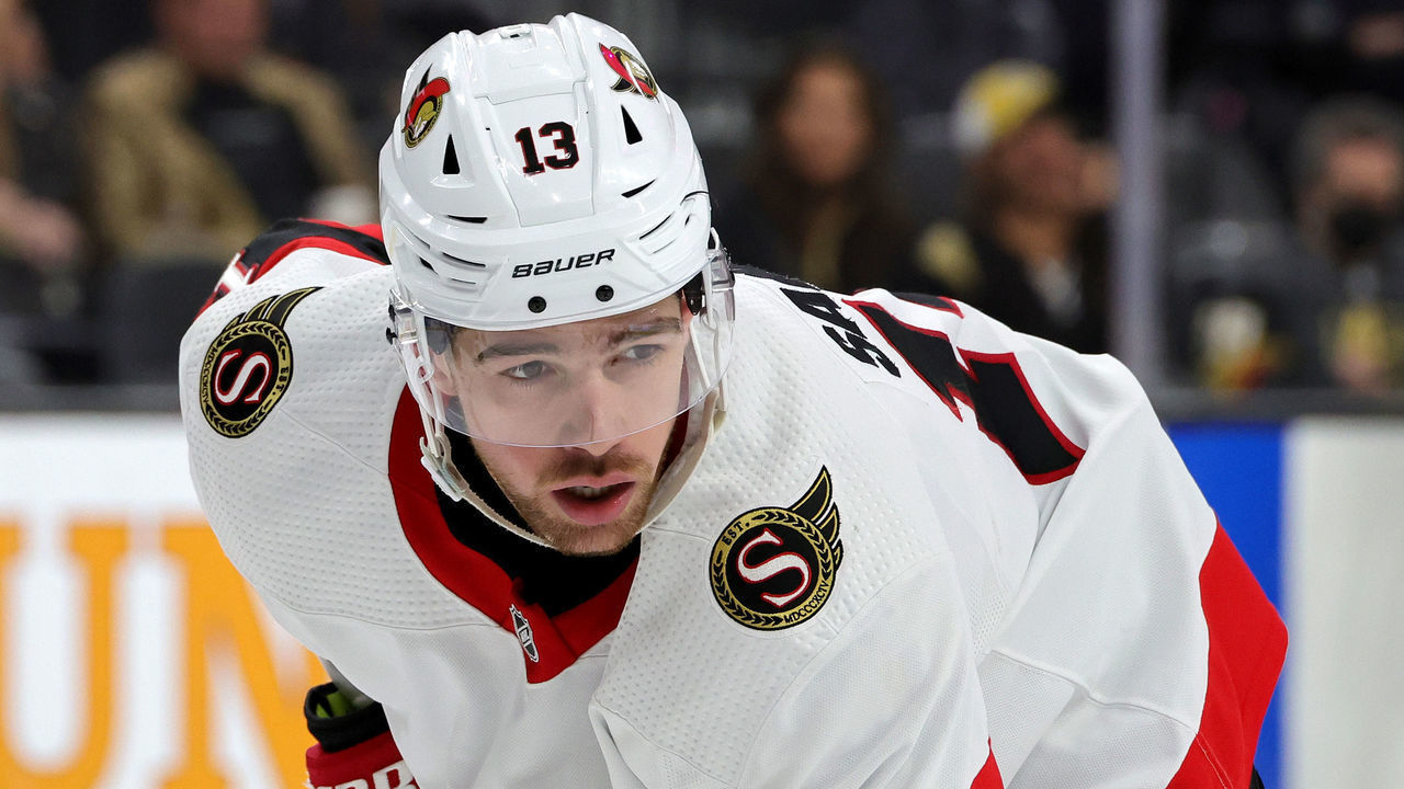 LAS VEGAS, NEVADA - MARCH 06: Zach Sanford #13 of the Ottawa Senators waits for a faceoff in the third period of a game against the Vegas Golden Knights at T-Mobile Arena on March 06, 2022 in Las Vegas, Nevada. The Golden Knights defeated the Senators 2-1.