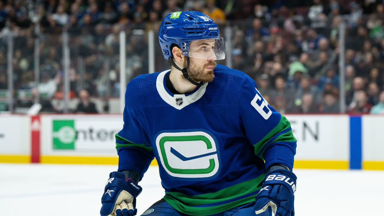 VANCOUVER, BC - MARCH 17: Vancouver Canucks center Tyler Motte (64) skates up ice during their NHL game against the Detroit Red Wings at Rogers Arena on March 17, 2022 in Vancouver, British Columbia, Canada.