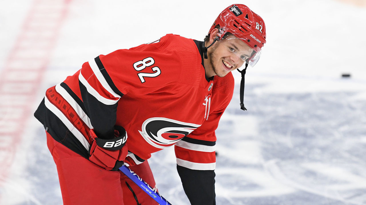 TORONTO, ON - MARCH 17: Carolina Hurricanes Center Jesperi Kotkaniemi (82) in warmups prior to the regular season NHL game between the Carolina Hurricanes and Toronto Maple Leafs on March 17, 2022 at Scotiabank Arena in Toronto, ON.