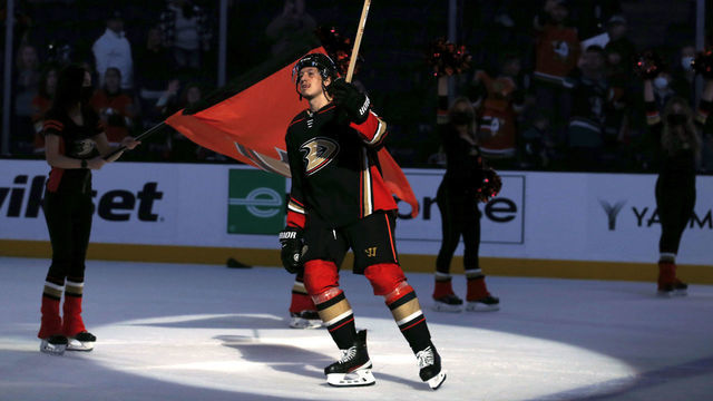 ANAHEIM, CA - FEBRUARY 22: Rickard Rakell #67 of the Anaheim Ducks waves to they crowd following a 4-3 shootout win over the San Jose Sharks at Honda Center on February 22, 2022 in Anaheim, California.
