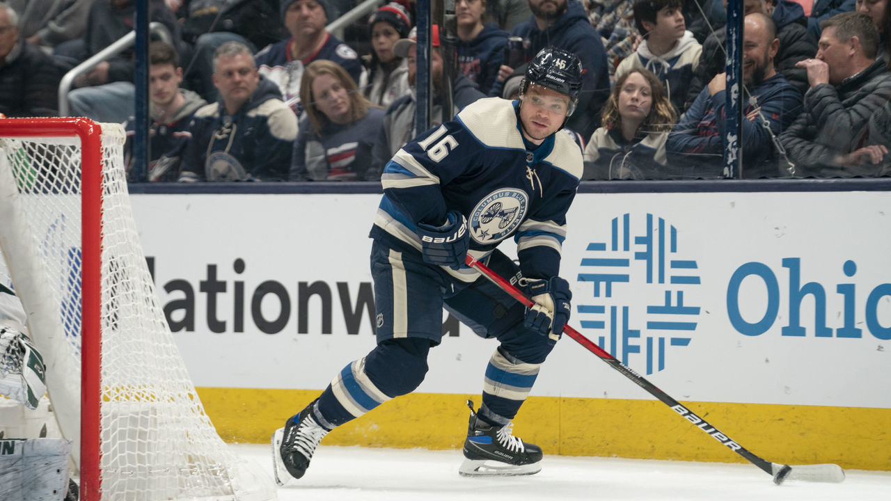 COLUMBUS, OH - MARCH 11: Columbus Blue Jackets center Max Domi #16 controls the puck behind the net during the game between the Columbus Blue Jackets and the Minnesota Wild at Nationwide Arena in Columbus, Ohio on March 11, 2022.