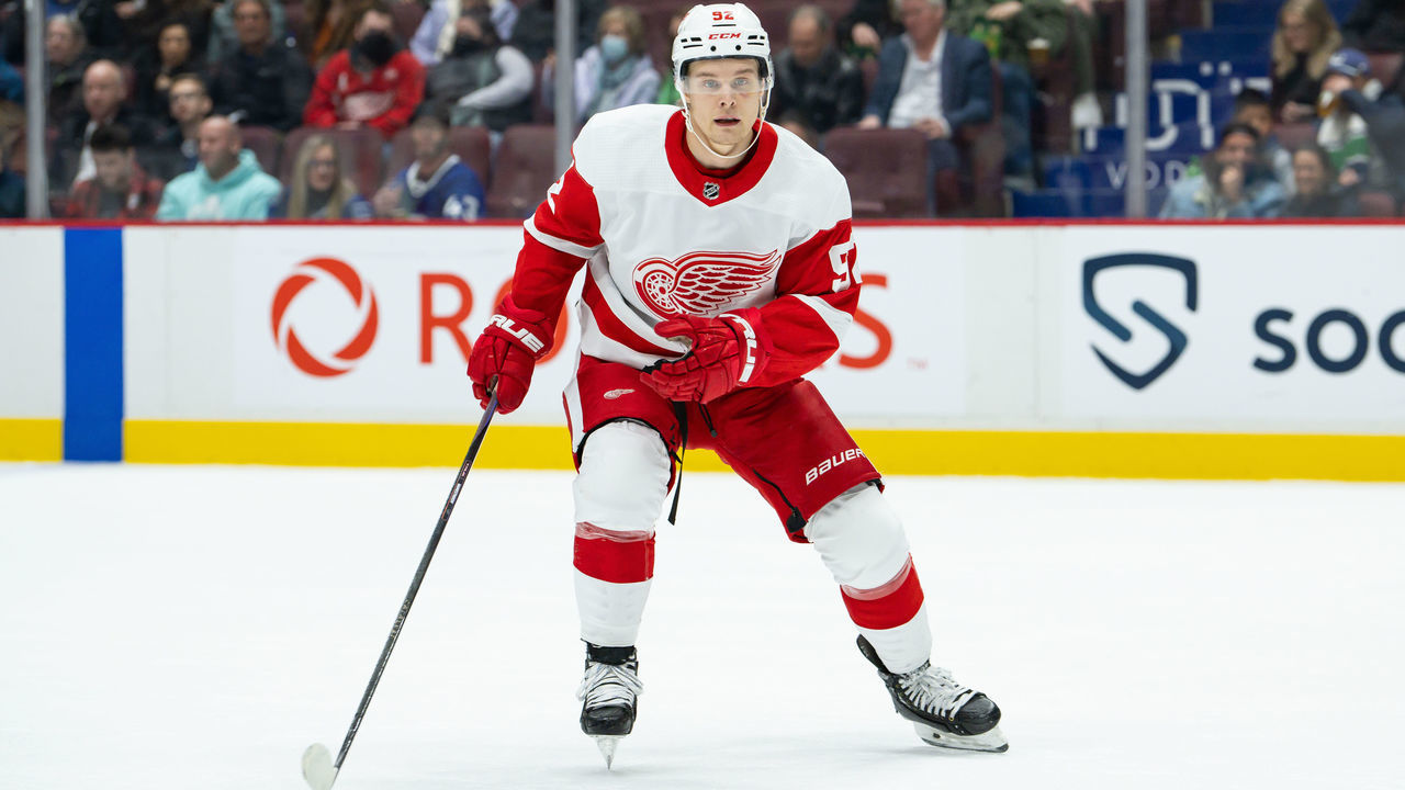 VANCOUVER, BC - MARCH 17: Detroit Red Wings center Vladislav Namestnikov (92) skates up ice during their NHL game against the Vancouver Canucks at Rogers Arena on March 17, 2022 in Vancouver, British Columbia, Canada.