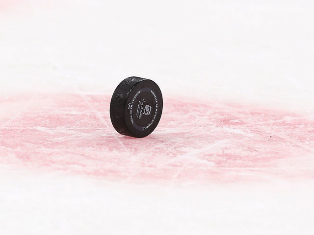 BOSTON, MA - JANUARY 06: General view of the puck during the NHL game between Minnesota Wild and Boston Bruins on January 6, 2022, at TD Garden in Boston, MA.