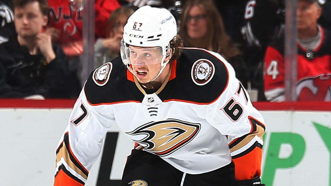 NEWARK, NJ - MARCH 12: Rickard Rakell #67 of the Anaheim Ducks skates against the New Jersey Devils during the game at Prudential Center on March 12, 2022 in Newark, New Jersey.