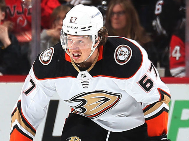 NEWARK, NJ - MARCH 12: Rickard Rakell #67 of the Anaheim Ducks skates against the New Jersey Devils during the game at Prudential Center on March 12, 2022 in Newark, New Jersey.