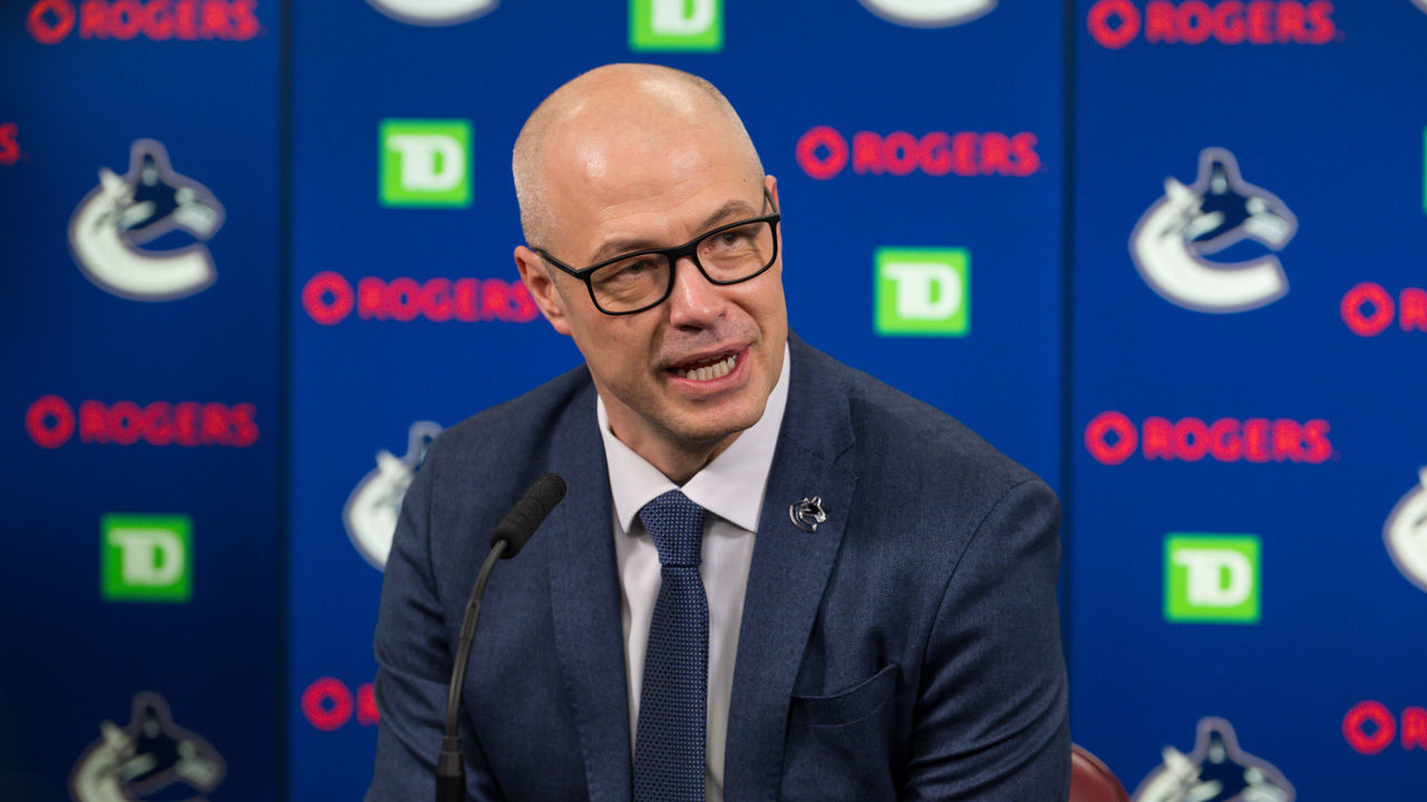VANCOUVER, BC - MARCH 20: Vancouver Canucks general manager Patrik Allvin speaks to the press prior to their NHL game against the Buffalo Sabres at Rogers Arena on March 20, 2022 in Vancouver, British Columbia, Canada.