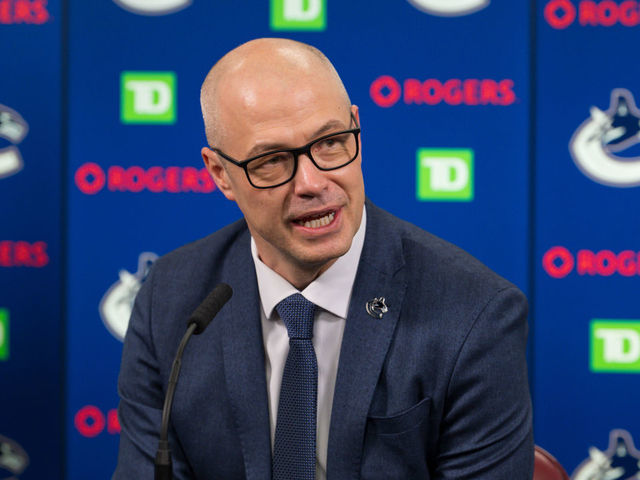 VANCOUVER, BC - MARCH 20: Vancouver Canucks general manager Patrik Allvin speaks to the press prior to their NHL game against the Buffalo Sabres at Rogers Arena on March 20, 2022 in Vancouver, British Columbia, Canada.
