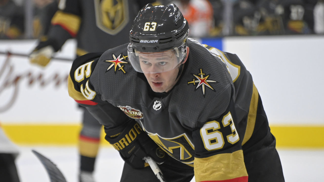 LAS VEGAS, NEVADA - DECEMBER 10: Evgenii Dadonov #63 of the Vegas Golden Knights lines up for a face off during the first period of a game against the Philadelphia Flyers at T-Mobile Arena on December 10, 2021 in Las Vegas, Nevada.