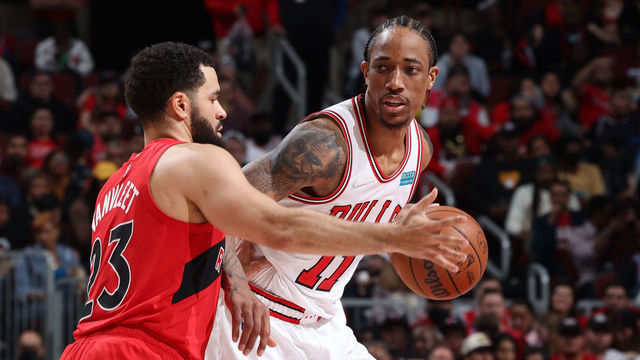 CHICAGO, IL - MARCH 21: DeMar DeRozan #11 of the Chicago Bulls handles the ball during the game against the Toronto Raptors on March 21, 2022 at United Center in Chicago, Illinois. Mandatory Copyright Notice: Copyright 2022 NBAE