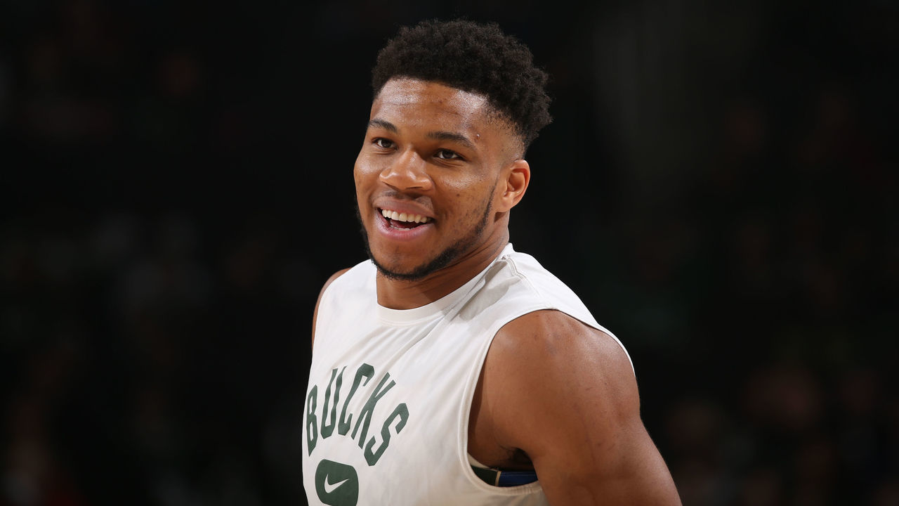 MILWAUKEE, WI - MARCH 6: Giannis Antetokounmpo #34 of the Milwaukee Bucks smiles before the game against the Phoenix Suns on March 6, 2022 at the Fiserv Forum Center in Milwaukee, Wisconsin. Mandatory Copyright Notice: Copyright 2022 NBAE .