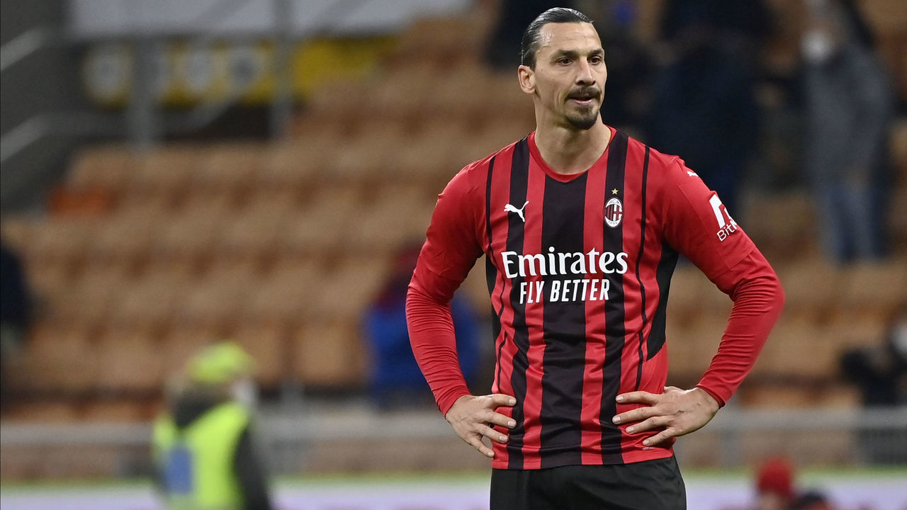 MILAN, ITALY - JANUARY 17: Zlatan Ibrahimovic of AC Milan reacts during the Serie A match between AC Milan and Spezia Calcio at Stadio Giuseppe Meazza on January 17, 2022 in Milan, Italy.