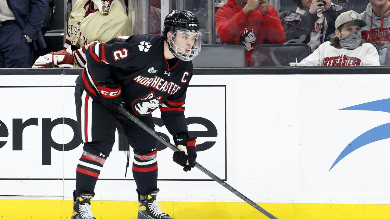 BOSTON, MA - FEBRUARY 07: Northeastern University Huskies defenseman Jordan Harris (2) during a Beanpot semi-final between the Boston College Eagles and the Northeastern University Huskies on February 7, 2022, at TD Garden in Boston, Massachusetts.