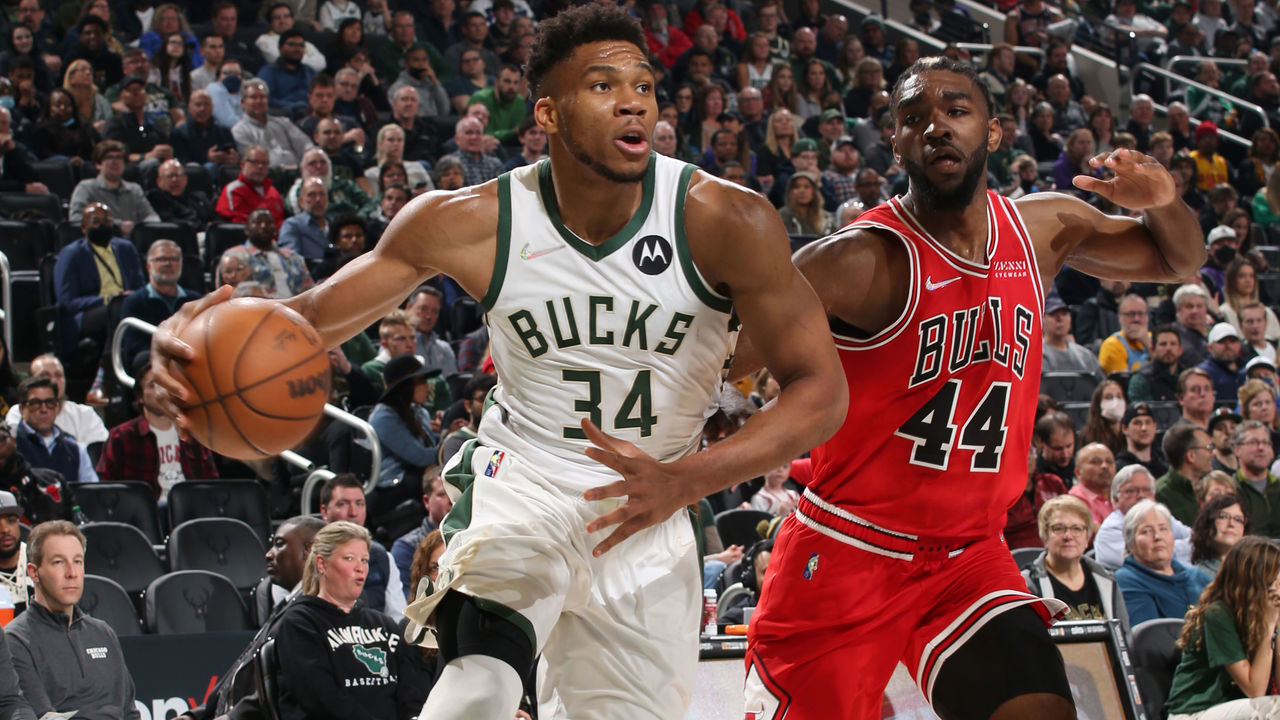 MILWAUKEE, WI - MARCH 22: Giannis Antetokounmpo #34 of the Milwaukee Bucks drives to the basket during the game against the Chicago Bulls on March 22, 2022 at the Fiserv Forum Center in Milwaukee, Wisconsin. Mandatory Copyright Notice: Copyright 2022 NBAE .