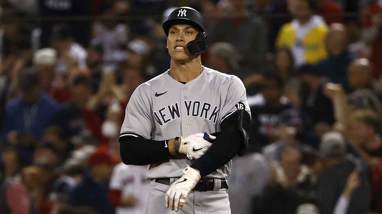 BOSTON, MA - OCTOBER 6: Aaron Judge #99 of the New York Yankees against the Boston Red Sox during the AL Wild Card playoff game at Fenway Park on October 6, 2021 in Boston, Massachusetts.