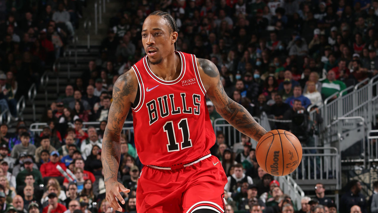 MILWAUKEE, WI - MARCH 22: DeMar DeRozan #11 of the Chicago Bulls dribbles the ball during the game against the Milwaukee Bucks on March 22, 2022 at the Fiserv Forum Center in Milwaukee, Wisconsin. Mandatory Copyright Notice: Copyright 2022 NBAE .