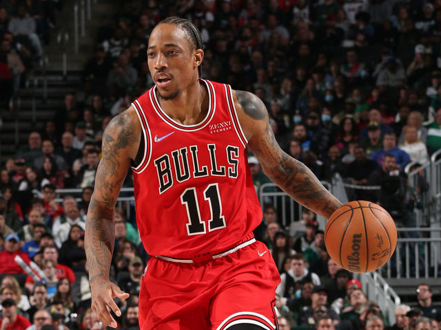 MILWAUKEE, WI - MARCH 22: DeMar DeRozan #11 of the Chicago Bulls dribbles the ball during the game against the Milwaukee Bucks on March 22, 2022 at the Fiserv Forum Center in Milwaukee, Wisconsin. Mandatory Copyright Notice: Copyright 2022 NBAE .
