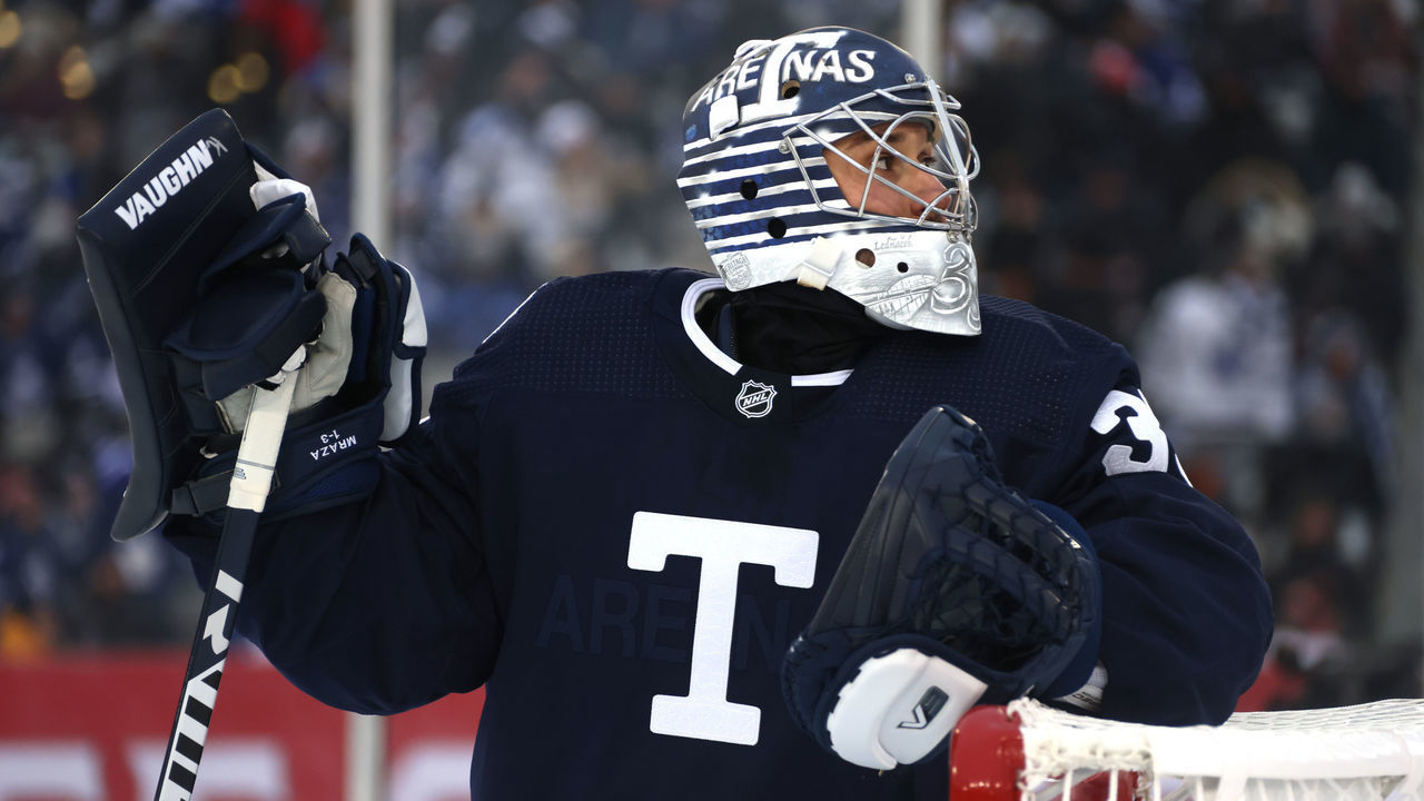 HAMILTON, ONTARIO - MARCH 13: Petr Mrazek #35 of the Toronto Maple Leafs looks on during the third period of the 2022 Tim Hortons NHL Heritage Classic between the Toronto Maple Leafs and the Buffalo Sabres at Tim Hortons Field on March 13, 2022 in Hamilton, Ontario.