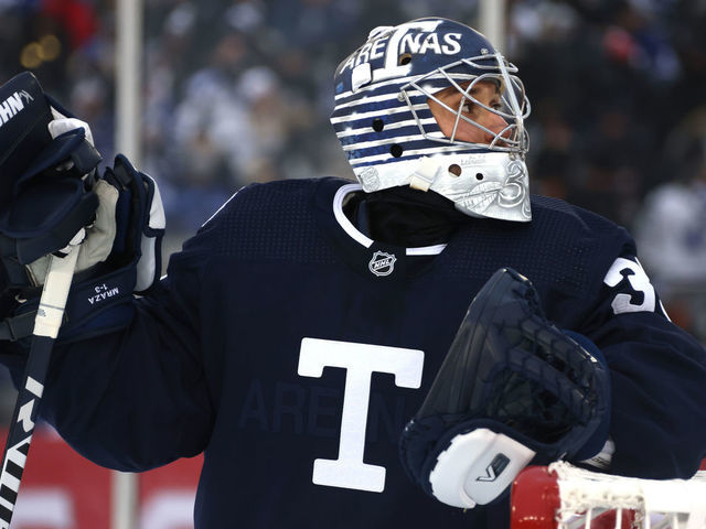 HAMILTON, ONTARIO - MARCH 13: Petr Mrazek #35 of the Toronto Maple Leafs looks on during the third period of the 2022 Tim Hortons NHL Heritage Classic between the Toronto Maple Leafs and the Buffalo Sabres at Tim Hortons Field on March 13, 2022 in Hamilton, Ontario.