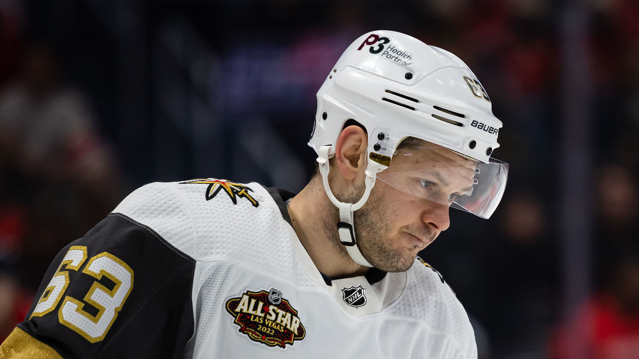 WASHINGTON, DC - JANUARY 24: Evgenii Dadonov #63 of the Vegas Golden Knights looks on against the Washington Capitals during the first period of the game at Capital One Arena on January 24, 2022 in Washington, DC.