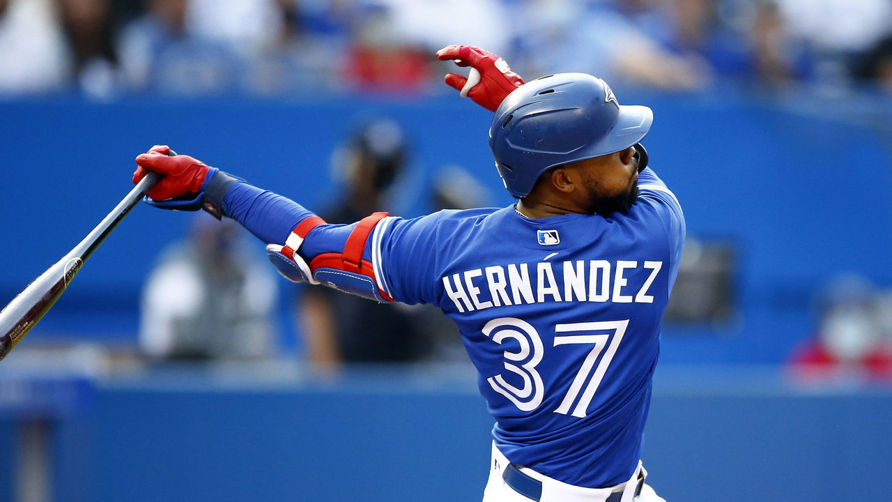 TORONTO, ON - OCTOBER 02: Teoscar Hernandez #37 of the Toronto Blue Jays bats during a MLB game against the Baltimore Orioles at Rogers Centre on October 2, 2021 in Toronto, Ontario, Canada.
