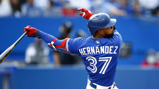 TORONTO, ON - OCTOBER 02: Teoscar Hernandez #37 of the Toronto Blue Jays bats during a MLB game against the Baltimore Orioles at Rogers Centre on October 2, 2021 in Toronto, Ontario, Canada.