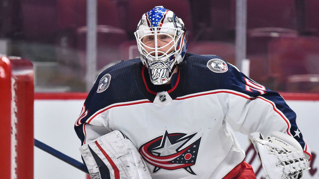 MONTREAL, QC - JANUARY 30: Joonas Korpisalo #70 of the Columbus Blue Jackets tends the net during the first period against the Montreal Canadiens at Centre Bell on January 30, 2022 in Montreal, Canada. The Columbus Blue Jackets defeated the Montreal Canadiens 6-3.