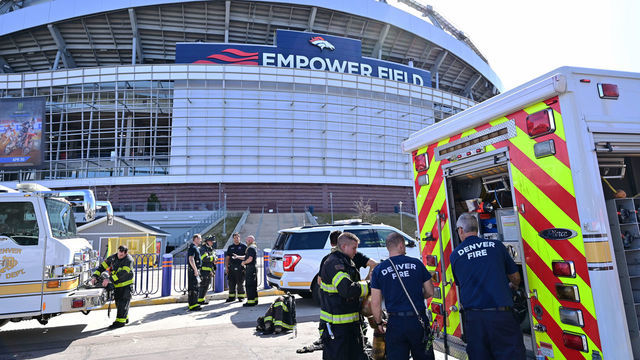 DENVER, CO - MARCH 24 : Denver Fire Department crews respond to a fire at Empower Field at Mile high stadium in Denver, Colorado on Thursday, March 24, 2022.