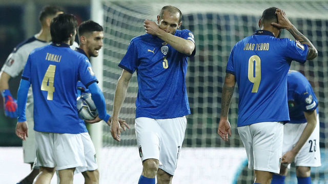 PALERMO, ITALY - MARCH 24: Giorgio Chellini of Italy and Joao Pedro of Italy look dejected after the 2022 FIFA World Cup Qualifier knockout round play-off match between Italy and North Macedonia at Stadio Renzo Barbera on March 24, 2022 in Palermo, Italy.
