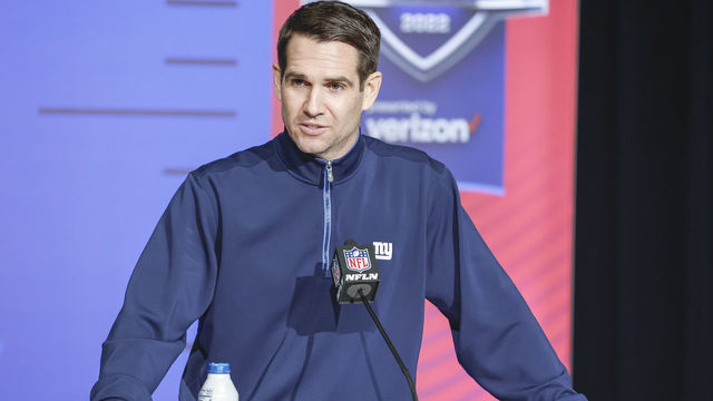 INDIANAPOLIS, IN - MAR 01: Joe Schoen, general manager of the New York Giants speaks to reporters during the NFL Draft Combine at the Indiana Convention Center on March 1, 2022 in Indianapolis, Indiana.